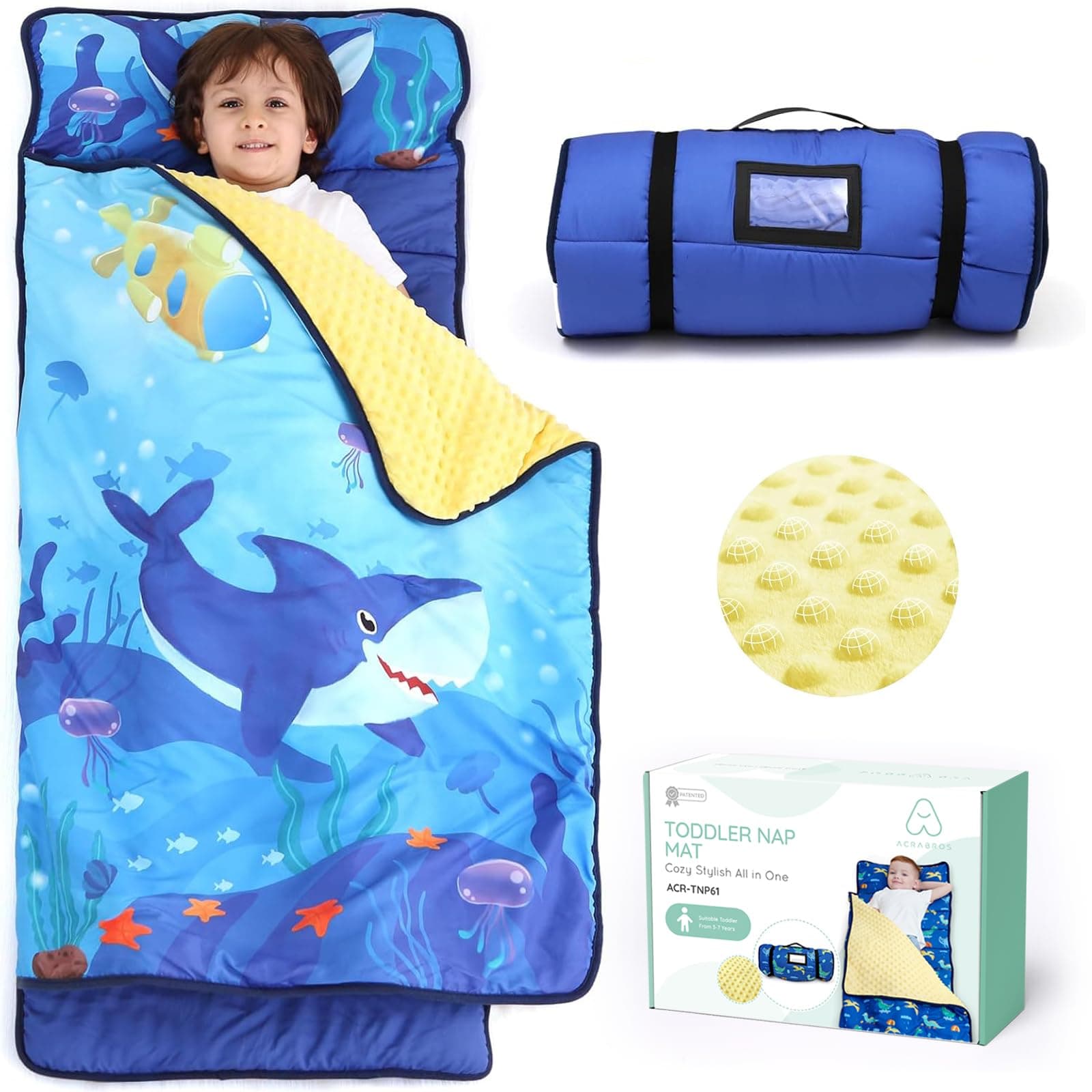 ACRABROS Toddler Nap Mat with Pillow and Blanket, Extra Large Rolled Napping Mats,Slumber Bags for Boys Girls,Kids Sleeping Bag for Daycare, Preschool Travel Camping, Shark