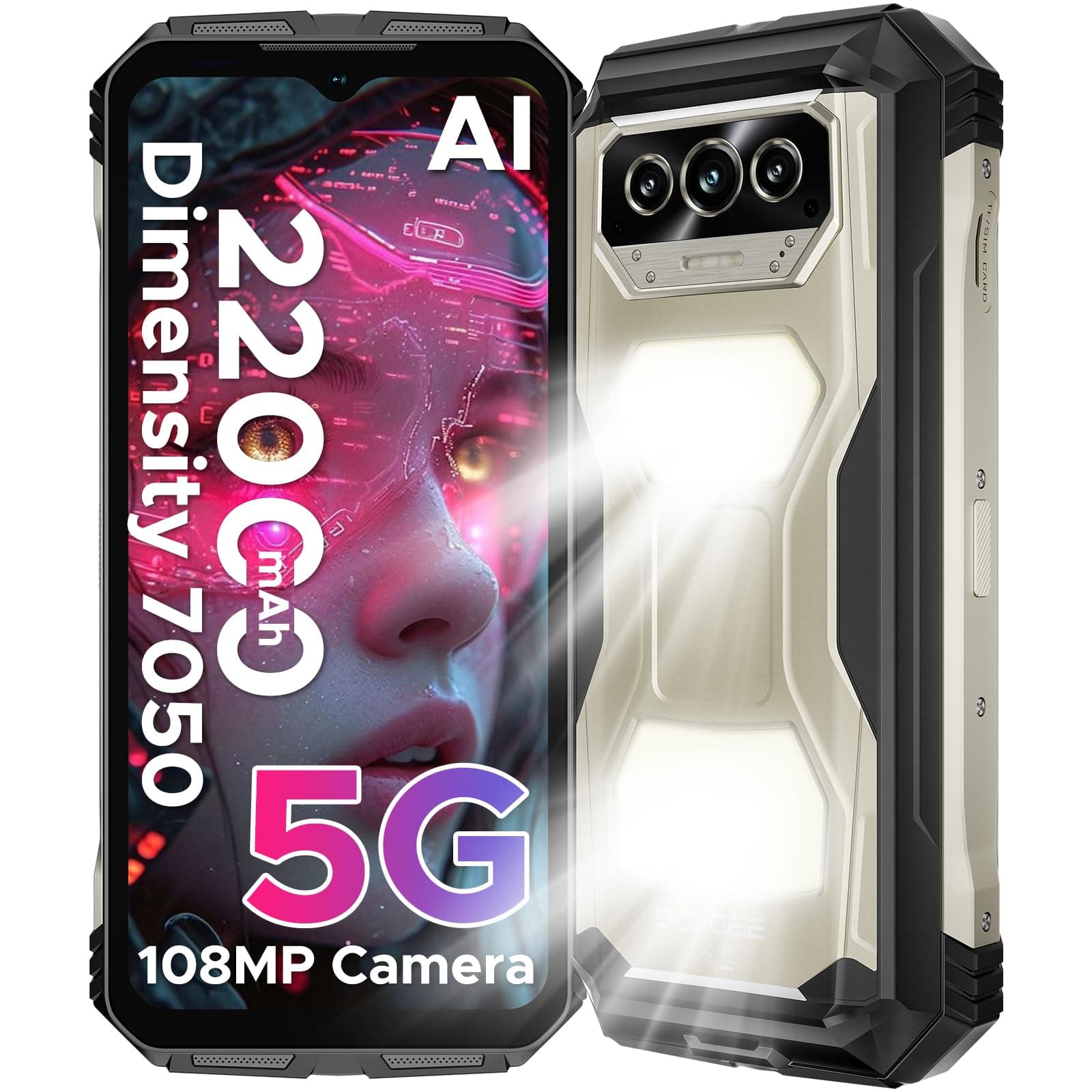 DOOGEE V Max S 5G Unlocked Rugged Phone,Dual Camping Lights,22000mAh Battery,Android 14,24GB+256GB/TF 2TB Rugged Smartphone,108MP+16MP,6.58”FHD+120Hz IPS Screen,Dual Unlock/NFC/WiFi6(Titanium)