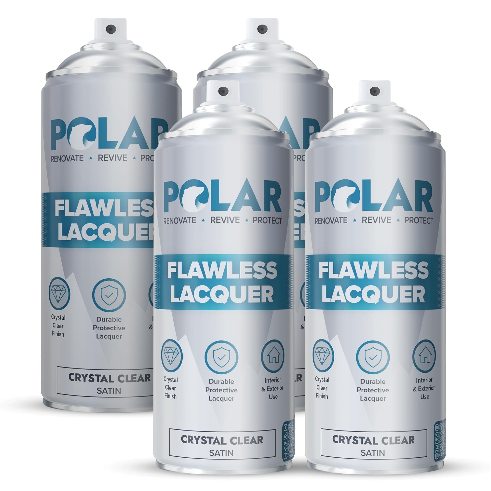 Polar Flawless Lacquer Spray - 4x400ml, Clear - Protective Coating for Wood, Ceramic, Glass, Plastic & Metal - Scratch Resistant & UV Protection - Primer for DIY, Interior & Exterior - Satin Finish