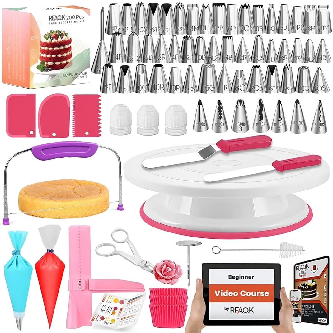 RFAQK 200 PCs Cake Decorating Supplies Kit for Beginners -1 Cake Turntable Stand with Piping Bags & Tips -2 Spatula -Cake Leveler & Icing Smoother-55 Piping Tips -Baking Tools - 20 Cupcake Liners