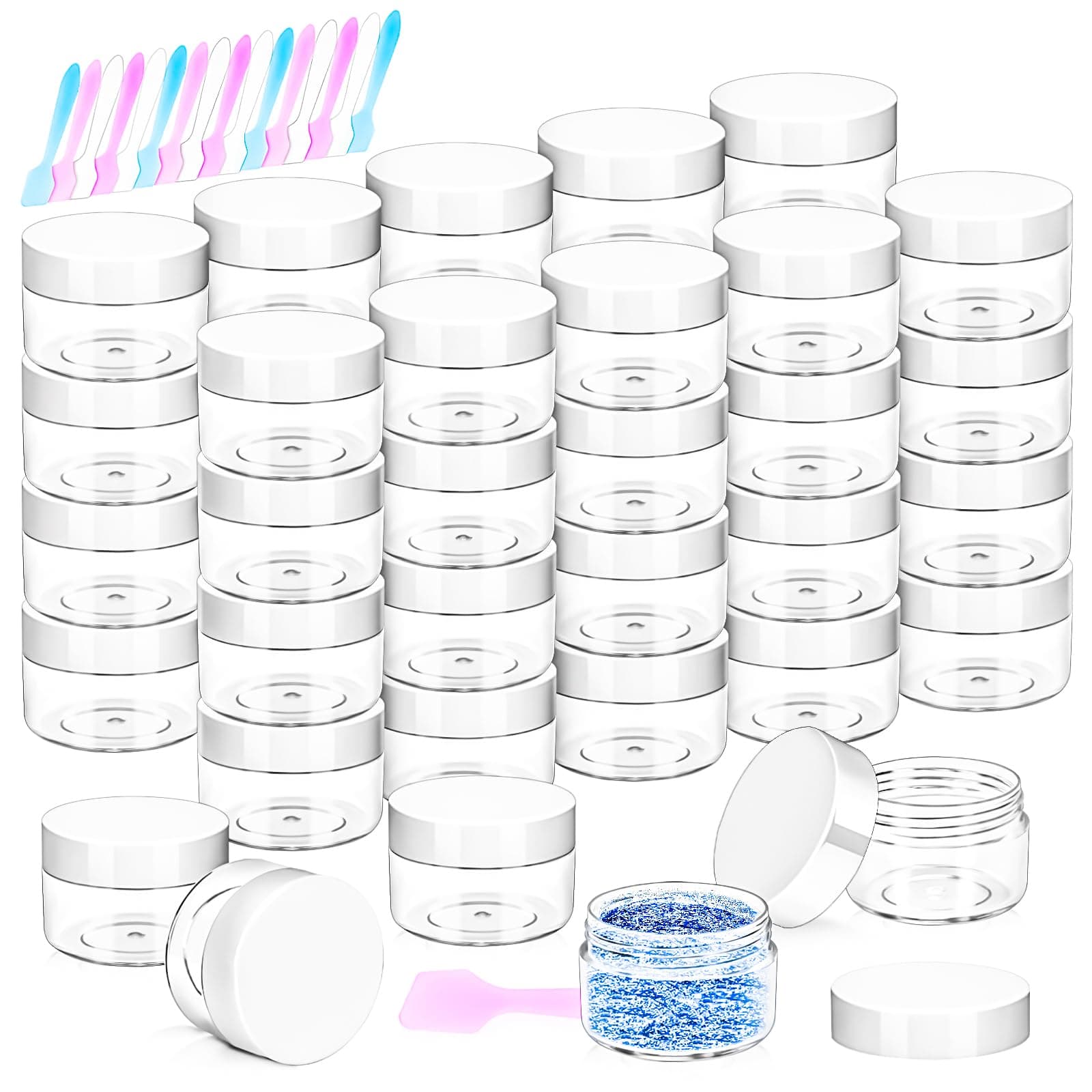 MotBach 40 Pack 15g Plastic Jars with Lids, 15ml Round Clear Cosmetic Containers Makeup Jars, Travel Size Container Jar with 10 Spatulas for Sample Lotion Cream Eyeshadow Ointment Salve Balm Powder