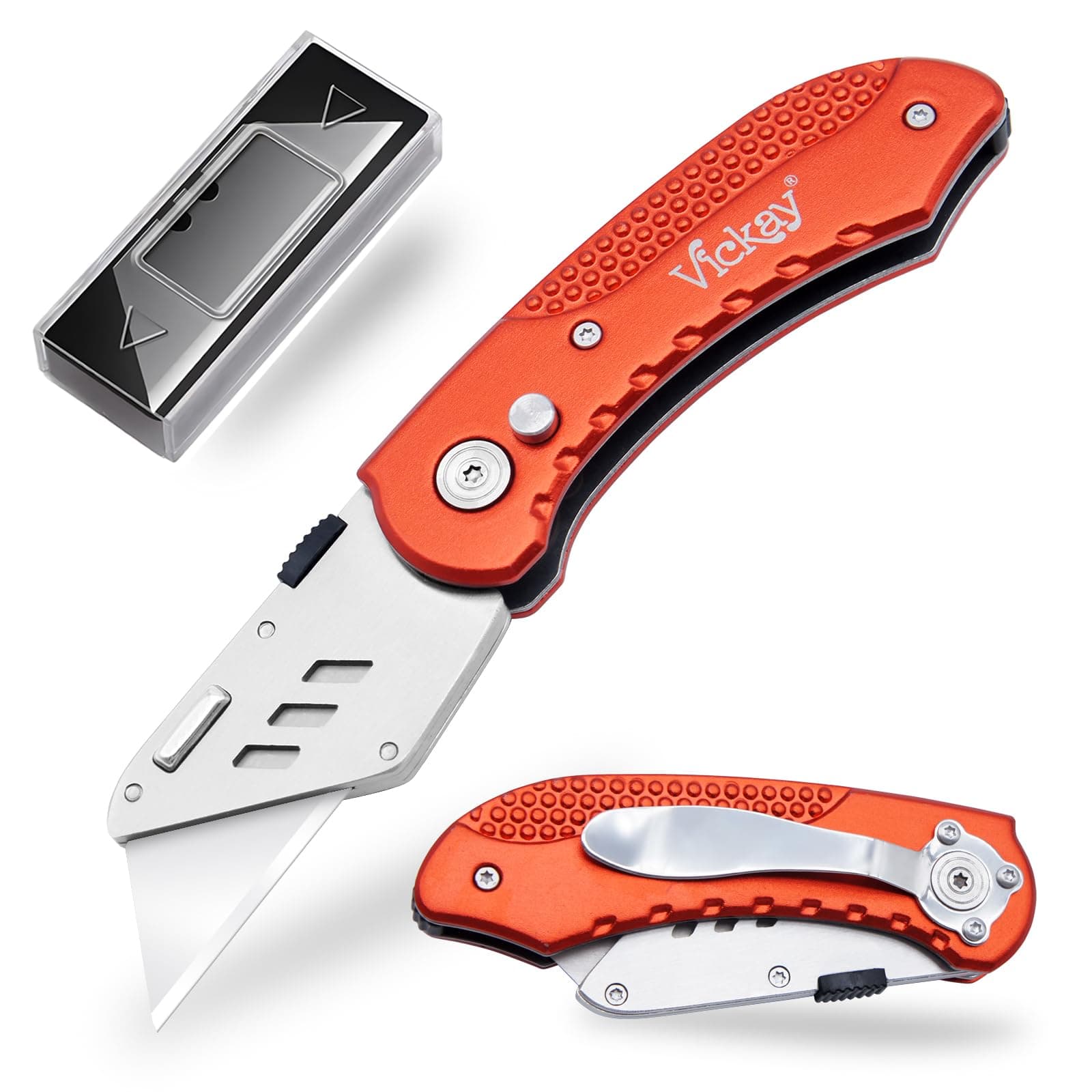 Vickay Box Cutter Folding Utility Knife Heavy Duty with 5 SK5 Quick Change Blades, Safety Axis Lock Design Razor Knife, Lightweight Aluminum Body Belt Clip for Office