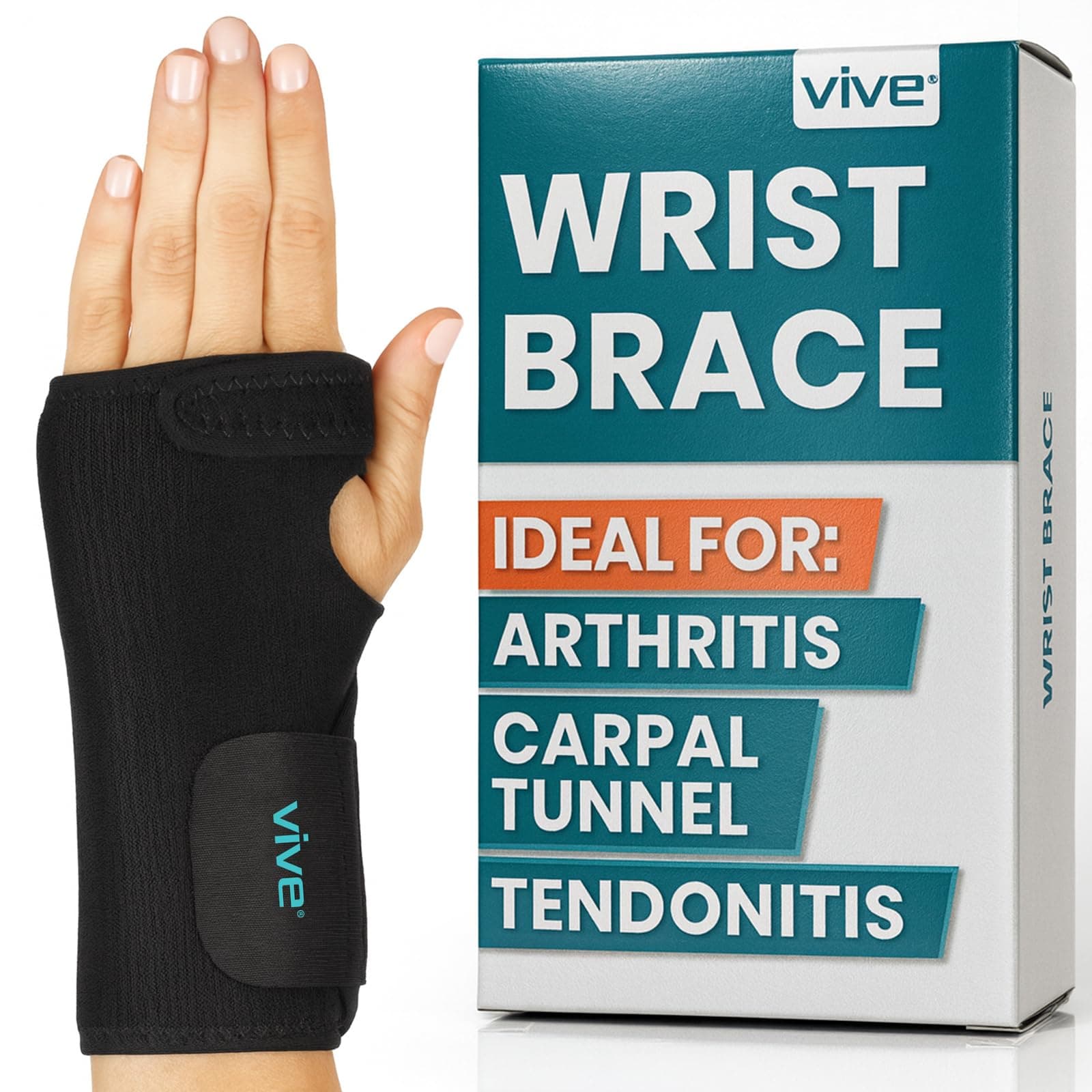 Vive Wrist Brace - Carpal Tunnel Hand Compression Support Wrap for Men, Women, Tendinitis, Bowling, Sports Injuries Pain Relief - Removable Splint - Universal Ergonomic Fit (Black, Left)