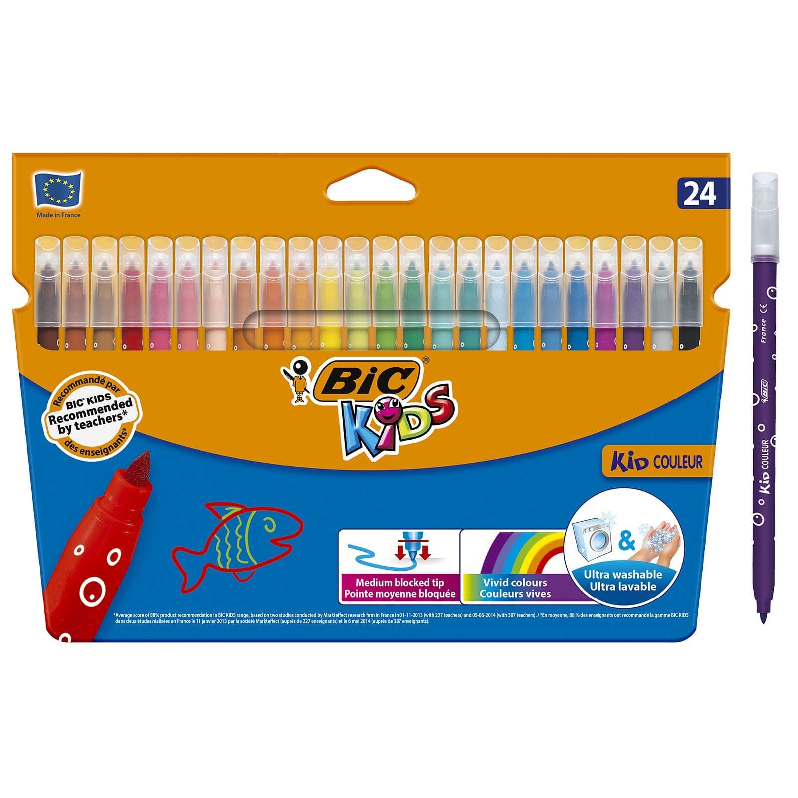Felt Tip Pens, Kid Colour with Medium Blocked Tip, Vivid Colouring Pens, Washable Markers, Back to School Supplies, 24 Pack