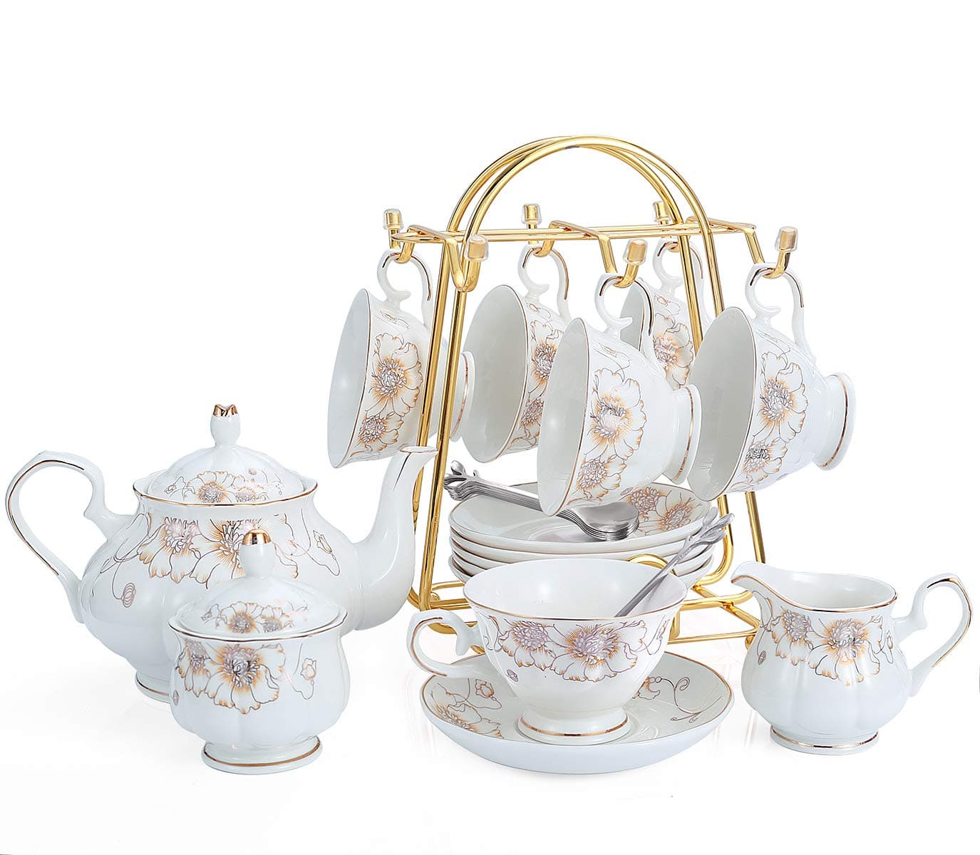 CHENP.HMC Tea Set 22-Piece Porcelain Ceramic Coffee Tea Gift Sets Cups Saucer Service for 6 Teapot Sugar Bowl Creamer Pitcher and Teaspoons (Chrysanthemum)