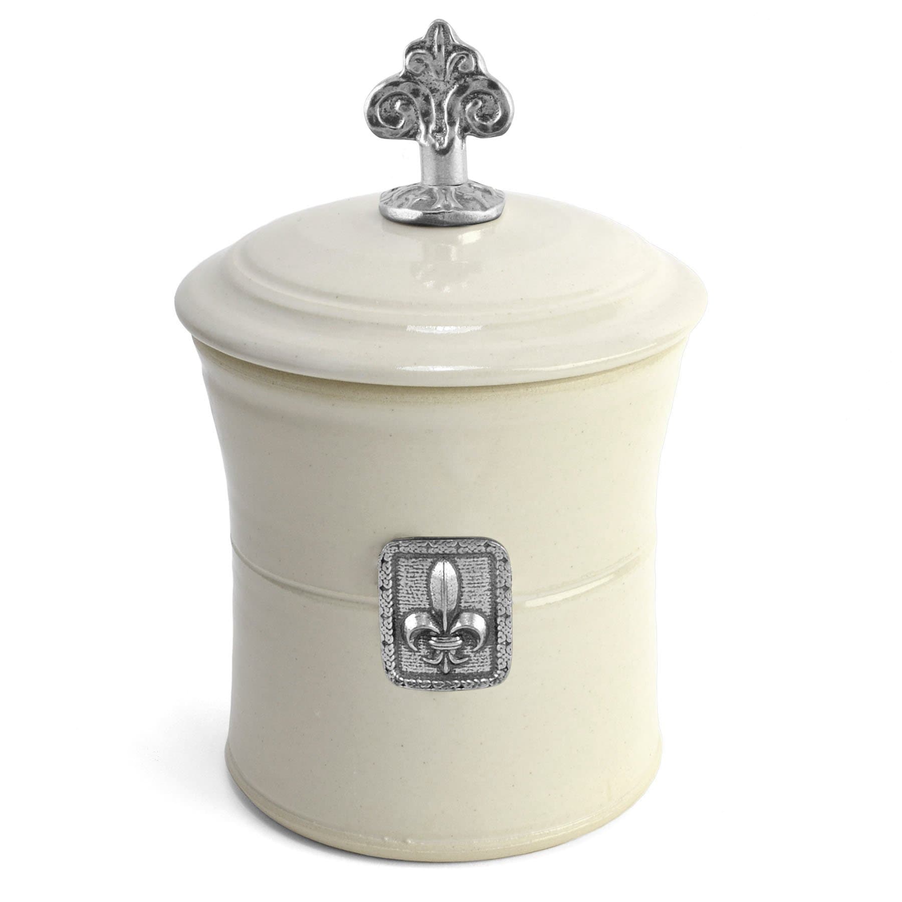 Oregon Stoneware Studio Fleur de Lys Garlic Pot with Pewter Finial, Whipping Cream