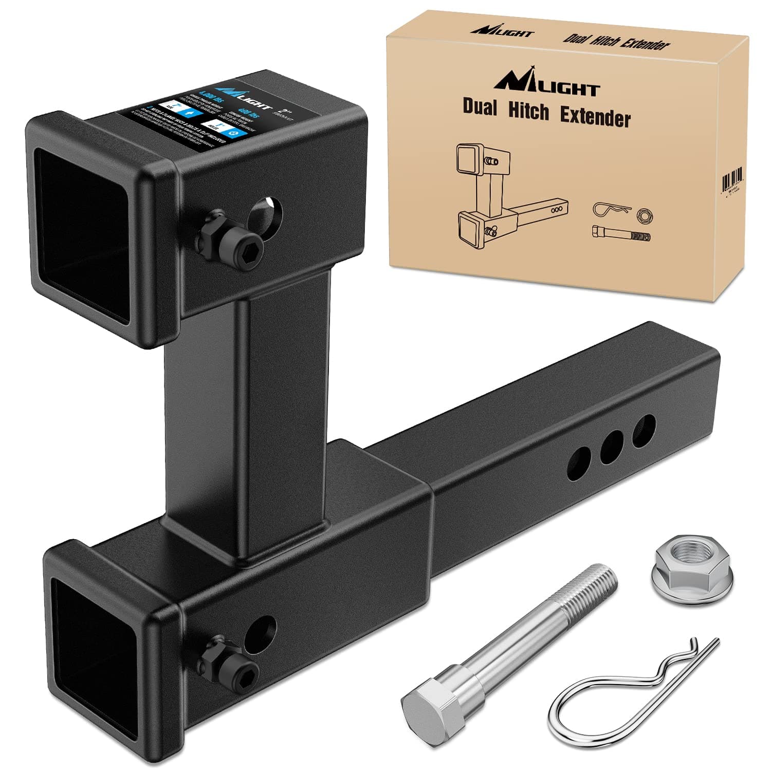 Nilight Dual Hitch Extension with Bolt Nut Kit Fits for 2 inch Receiver Extender to 10" Max Length Adjust 7-1/2 inch Riser or Drop 4,000 lbs GTW
