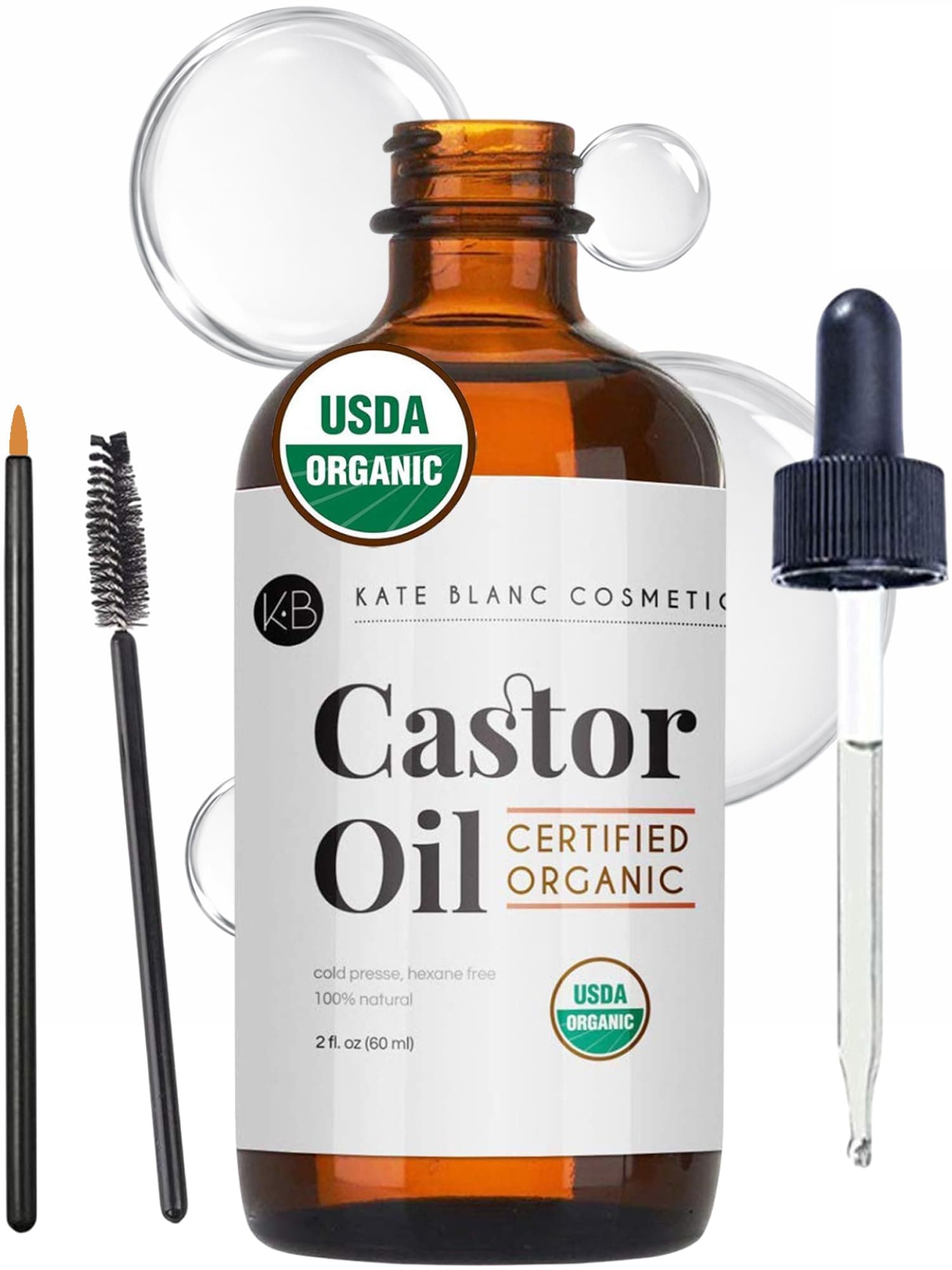 Castor Oil (2oz) USDA Certified Organic, 100% Pure, Cold Pressed, Hexane Free by Kate Blanc. Stimulate Growth for Eyelashes, Eyebrows, Hair. Lash Growth Serum. Brow Treatment. FREE Mascara Starter Kit