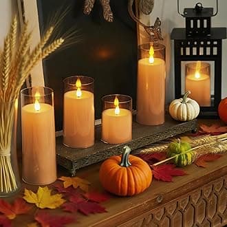 Homemory Amber Flickering Flameless Candles, Battery Operated Acrylic LED Pillar Candles with Remote Control and Timer, Fall Candles, Set of 5