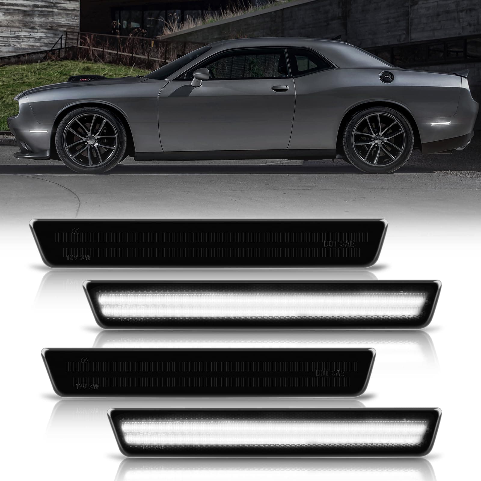 Gempro LED Side Marker Lights for Dodge Challenger 2015-2023 White Front Rear Bumper Marker Lamps 4PCS, Smoked Len