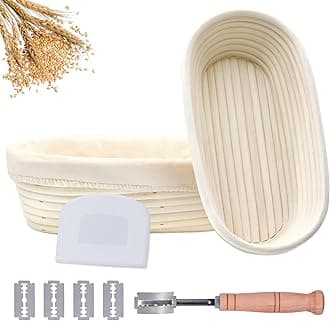 Banneton Bread Proofing Basket Set of 2, 11 Inch Oval Proofing Basket Baking Supplies Bread Making Tools Sourdough Proofing Bowls with Bread Lame, Linen Liner and Dough Scraper