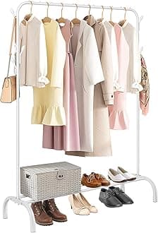Holdfiturn Heavy Duty Clothes Rails Clothing Rail for Bedroom 147.5x110x40.3cm Clothing Coat Rack with Storage Rack Hanging Rail for Clothes Hanger Balcony Clothes Drying Rack for Home Office(White)