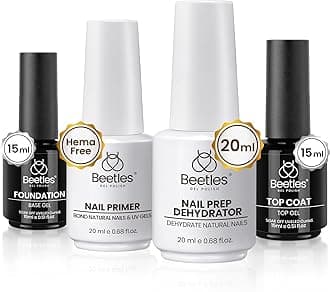 Beetles 4 Pcs 15ml Base Gel and Top Coat Kit with 20ml Nail Dehydrator and Primer, Professional Nail Prep Acid-Free & Hema-Free Dehydrate Bond Primer Set for Acrylic Nail Manicure Gift for Women