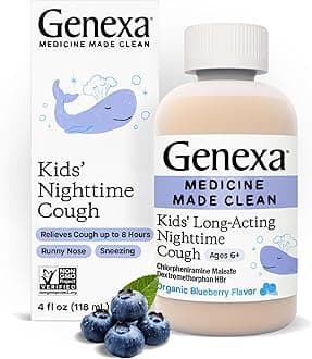 Genexa Clean Kids' Long-Acting Nighttime Cough Medicine, Dye Free, 0% Artificial Additives, Children’s Cough Suppressant, Relief for Runny Nose & Sneezing, Ages 6+, Organic Blueberry Flavor, 4 fl oz