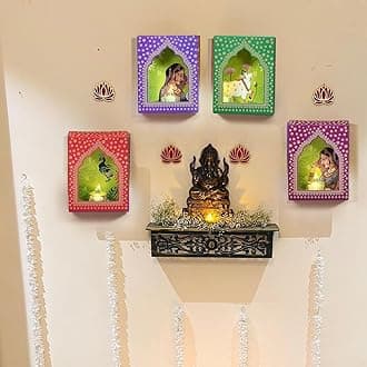 CraftVatika LED Candle with 4 Jharakho Diya Set Diwali Decoration Items, Home Decor Items, Tealight Candle Wall Hanging Festive Decor Item, DIY Craft Traditional Jharokha Box Hanging Box