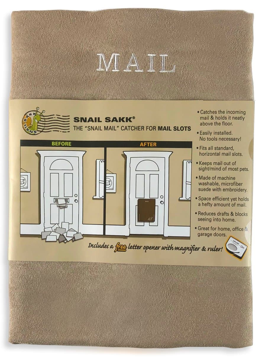 SNAIL SAKK: Post Catcher for Letterboxes - TAN. No Tools/Screws Needed! Space Saving, Reduces Draughts, Machine Washable, Large Size. Home, Office + Garage Doors. [Basket Letter Cage Mail Box Bag]