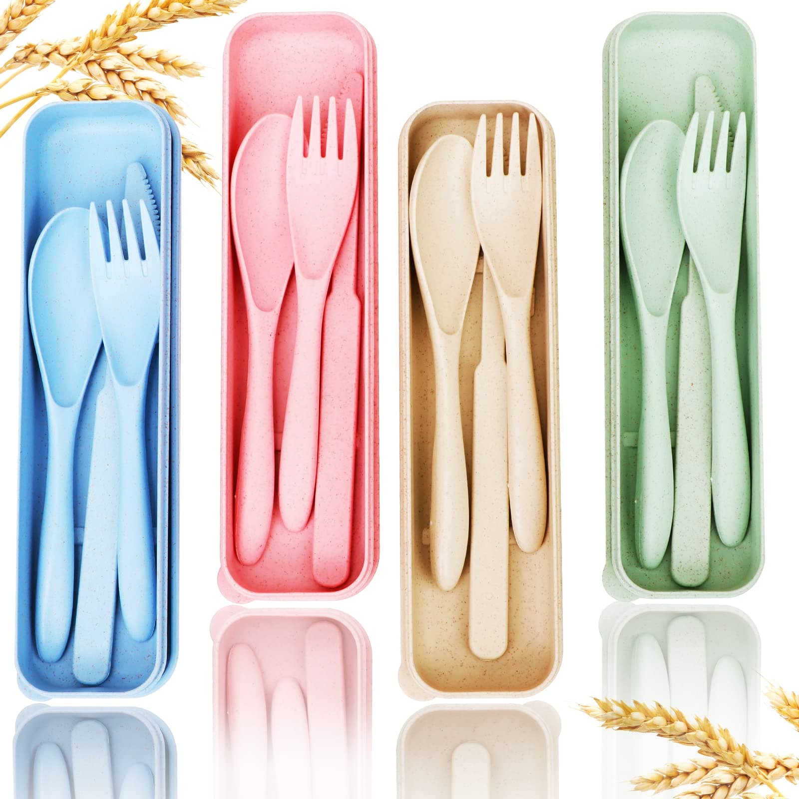 YDYTOP Reusable Travel Utensils Set with Case, 4 Sets Wheat Straw Portable Knife Fork Spoons Tableware, Eco-Friendly BPA Free Cutlery for Kids Adults Picnic Camping Utensils(Green, Beige, Pink, Blue)