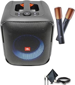 JBL Partybox Encore Speaker, 100W Sound, Built-in Dynamic Light Show, and Splash Proof Design with 2 Wireless Mics (JBLPBENCORE2MICAM) + AUX Cable + USB-C Cable + More