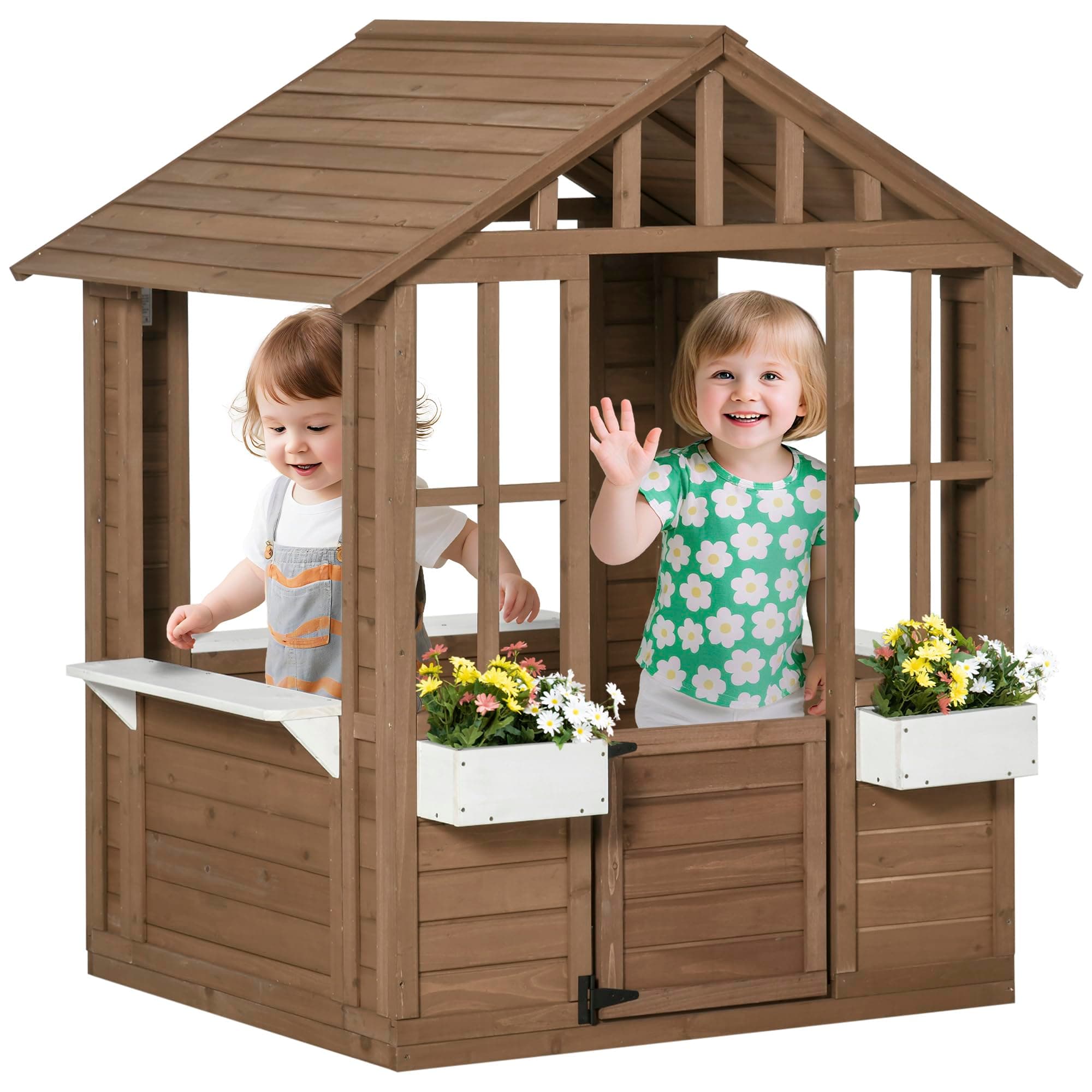 Outsunny Kids Wooden Playhouse, Outdoor Garden Games Cottage, with Working Door, Windows, Flowers Pot Holder, 47" x 38" x 54"