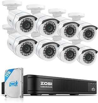 ZOSI H.265+ Home Security Camera System with AI Human Vehicle Detection, 5MP 3K Lite 8 Channel CCTV DVR Recorder and 8 x 1080p Weatherproof Bullet Camera Outdoor Indoor, 80ft Night Vision, 1TB HDD