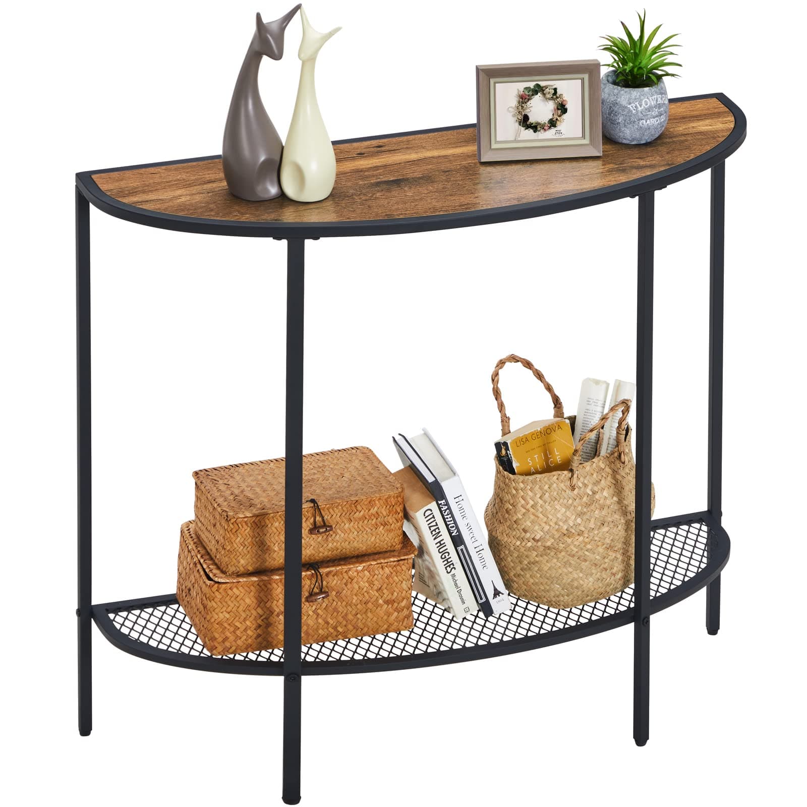 Entryway Table 2 Tier Small Console Table with Storage Half Moon Sofa Couch Table Mid Century Modern Narrow Entry Way Tables, 36.22" D x 11.8" W x 31.5" H, Easy Assembly, Dark Walnut