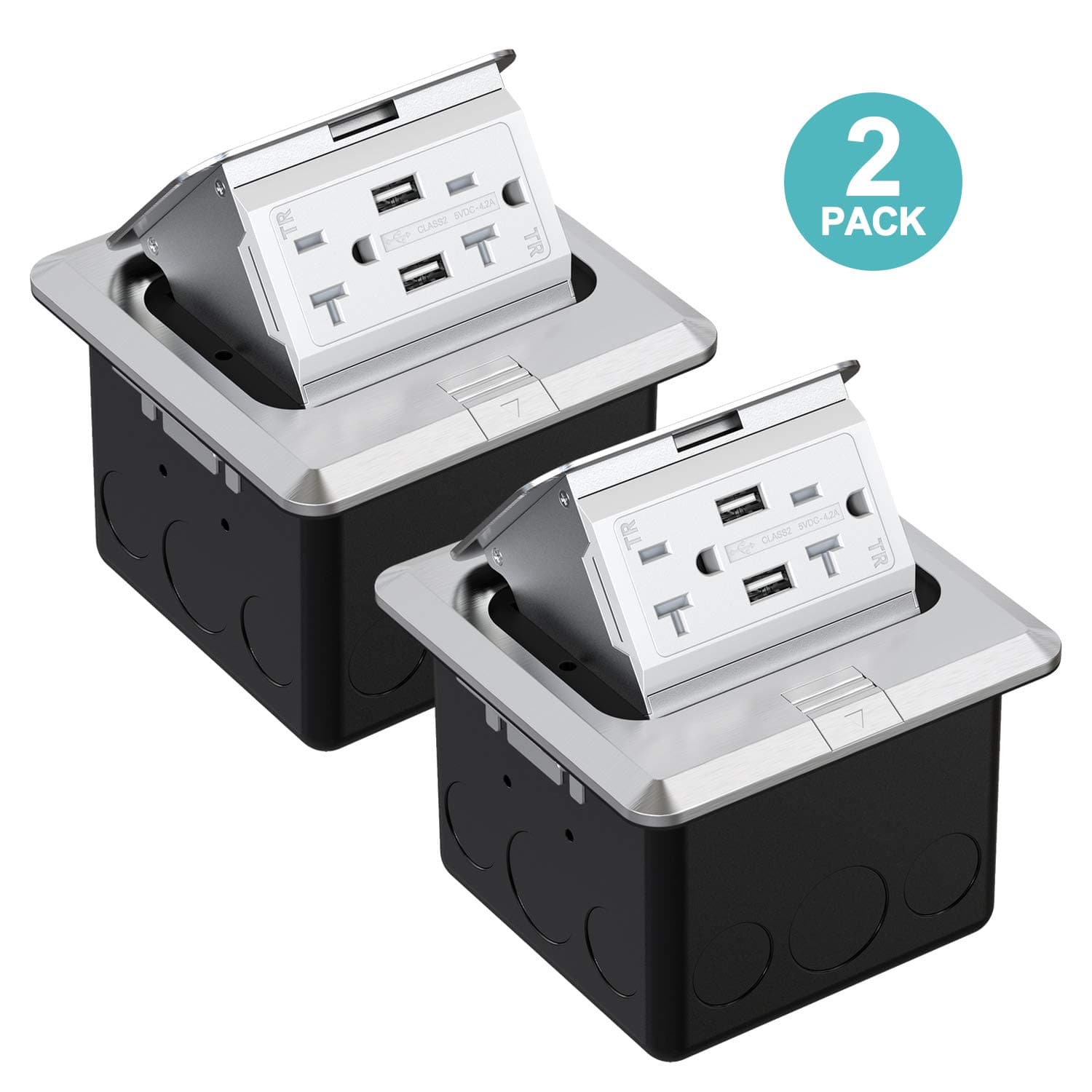 WEBANG Pop Up Floor Outlet Covers Box with 20 Amp Stainless Steel USB TR Receptacle Outlet (Silver) 2PACK