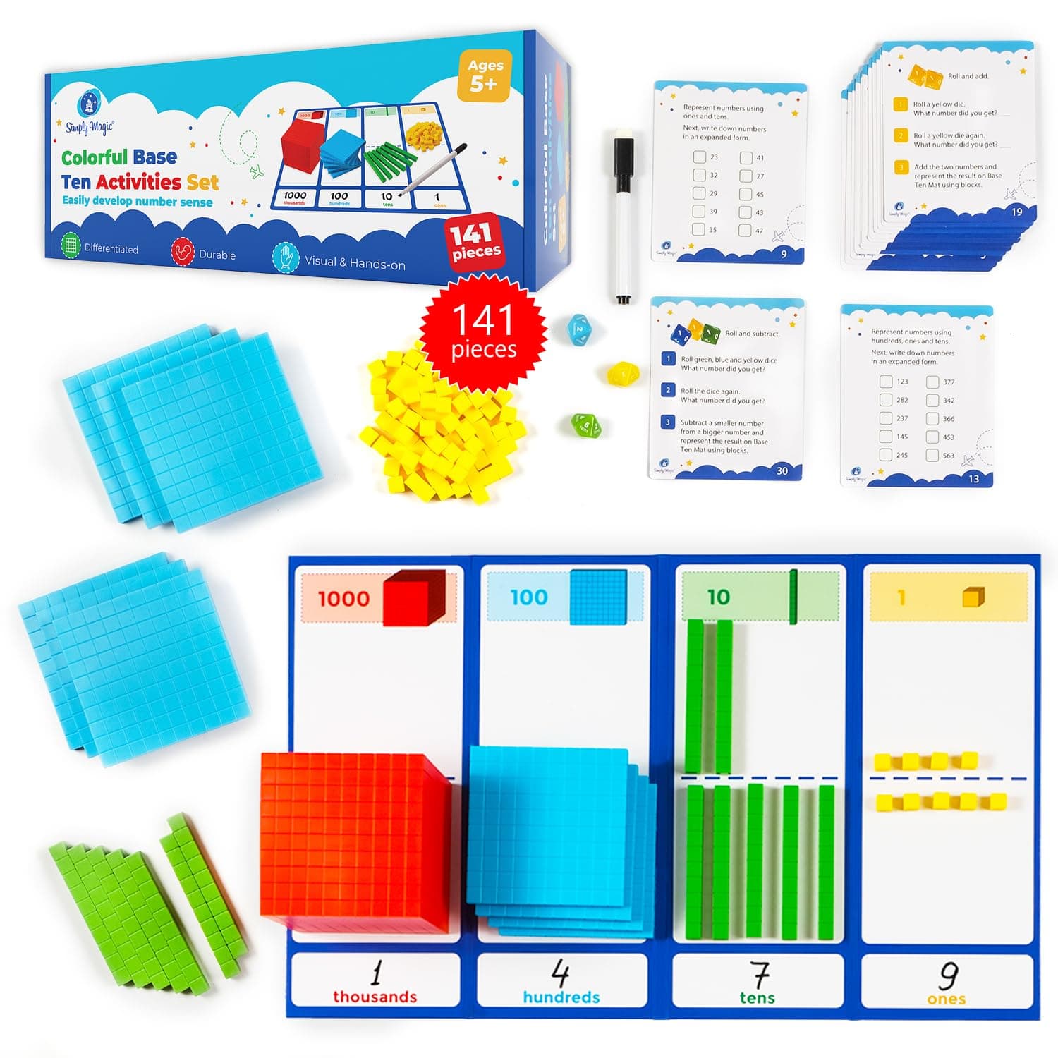 Simply magic 140+1 PCS Colorful Base Ten Blocks & Activities Set - Base Ten Blocks Classroom Set, Base 10 Math Manipulatives, Place Value Blocks Mat, Ones Tens Hundreds Blocks, Math Counters Cubes