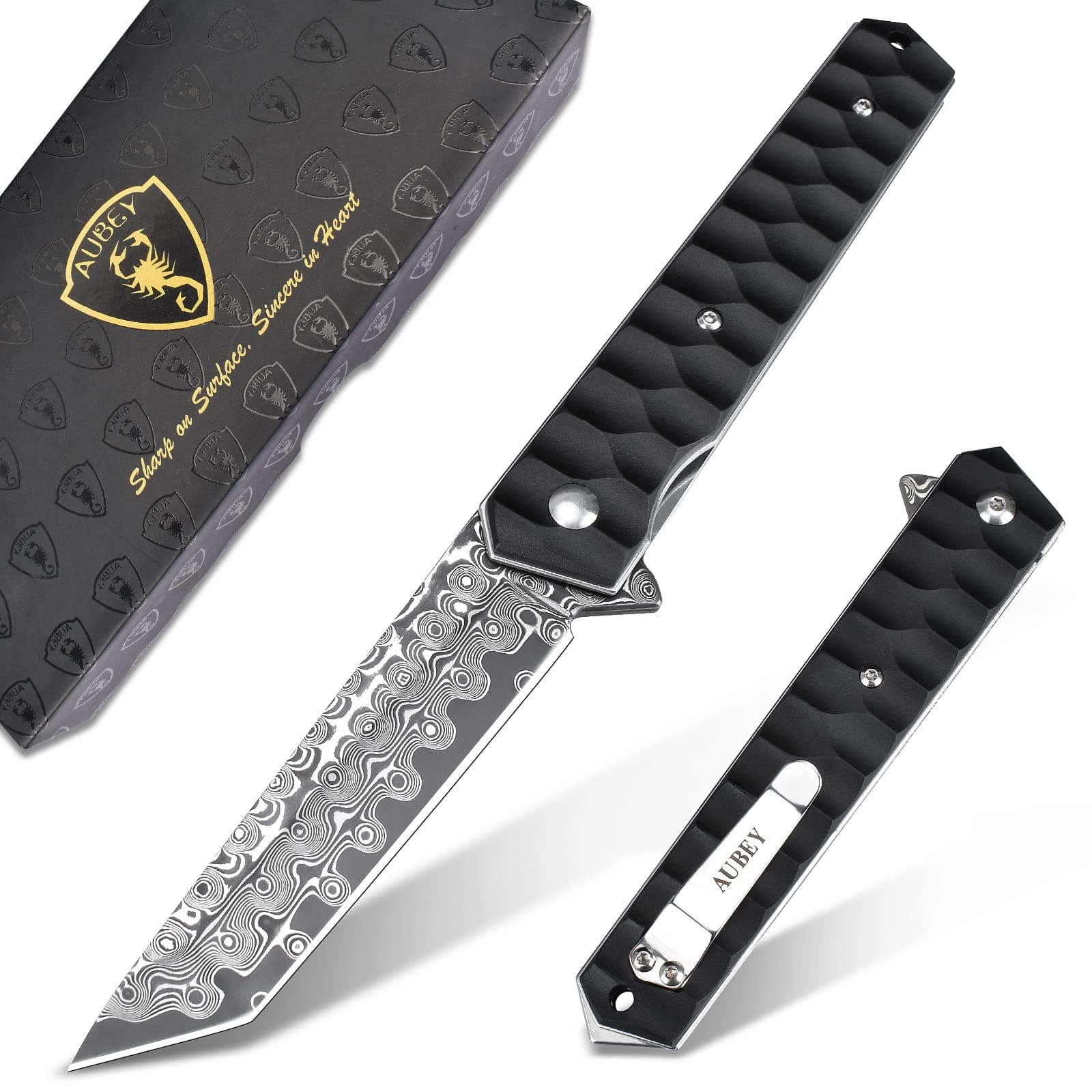 Damascus Pocket Knife with Clip, Tanto Blade Damascus Steel Folding Knives for Men Tactical, Aluminum Handle with Glass Breaker for EDC Camping Gift
