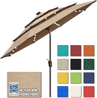 EliteShade USA 10-Year-Non-Fading Solar 9ft 3 Tiers Market Umbrella with 80 LED Lights Patio Umbrellas Outdoor Table with Ventilation,Heather Beige