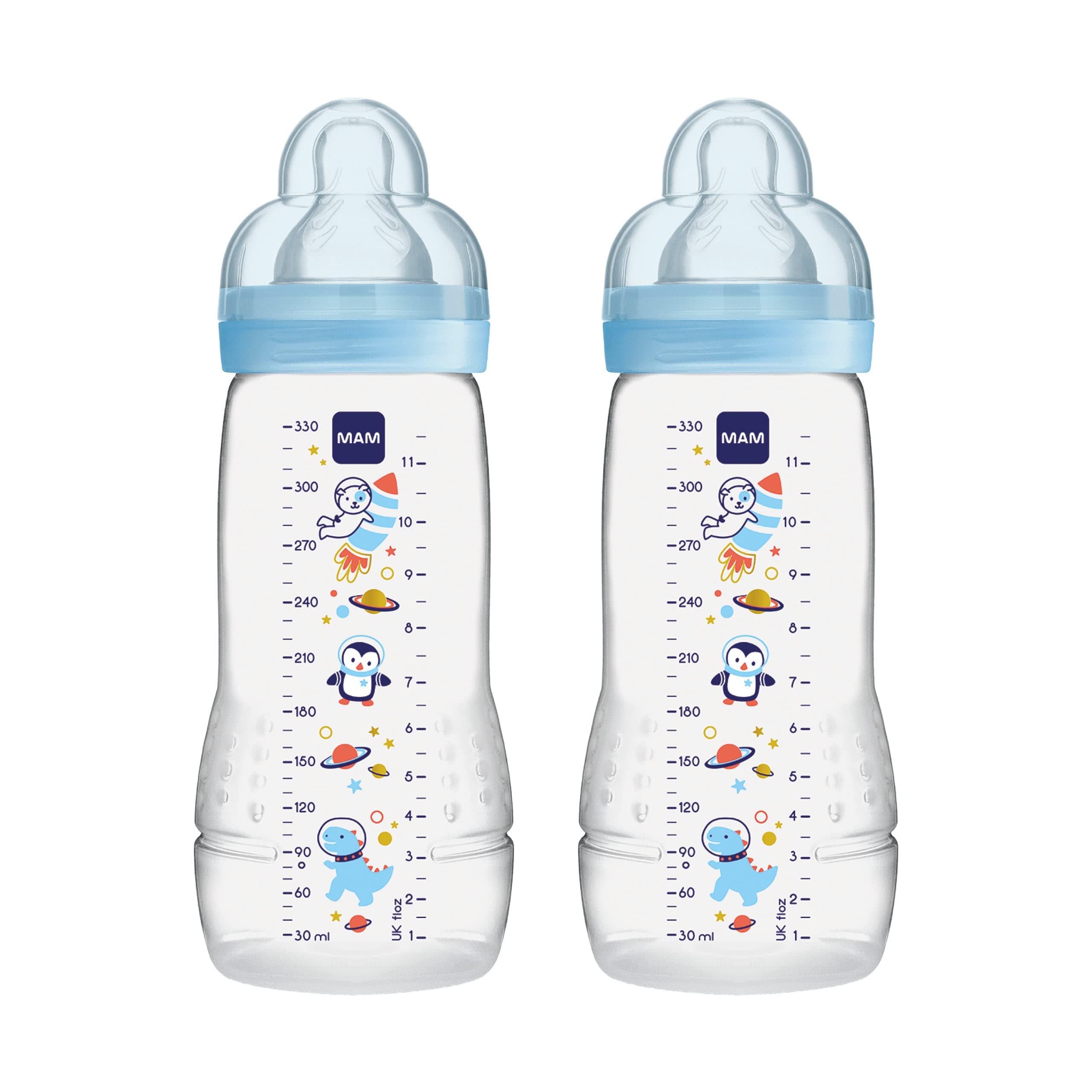 MAM Easy Active Baby Bottle with Fast Flow MAM Teats Size 3, Twin Pack of Baby Bottles, Baby Feeding, 330 ml, Blue (Designs May Vary)