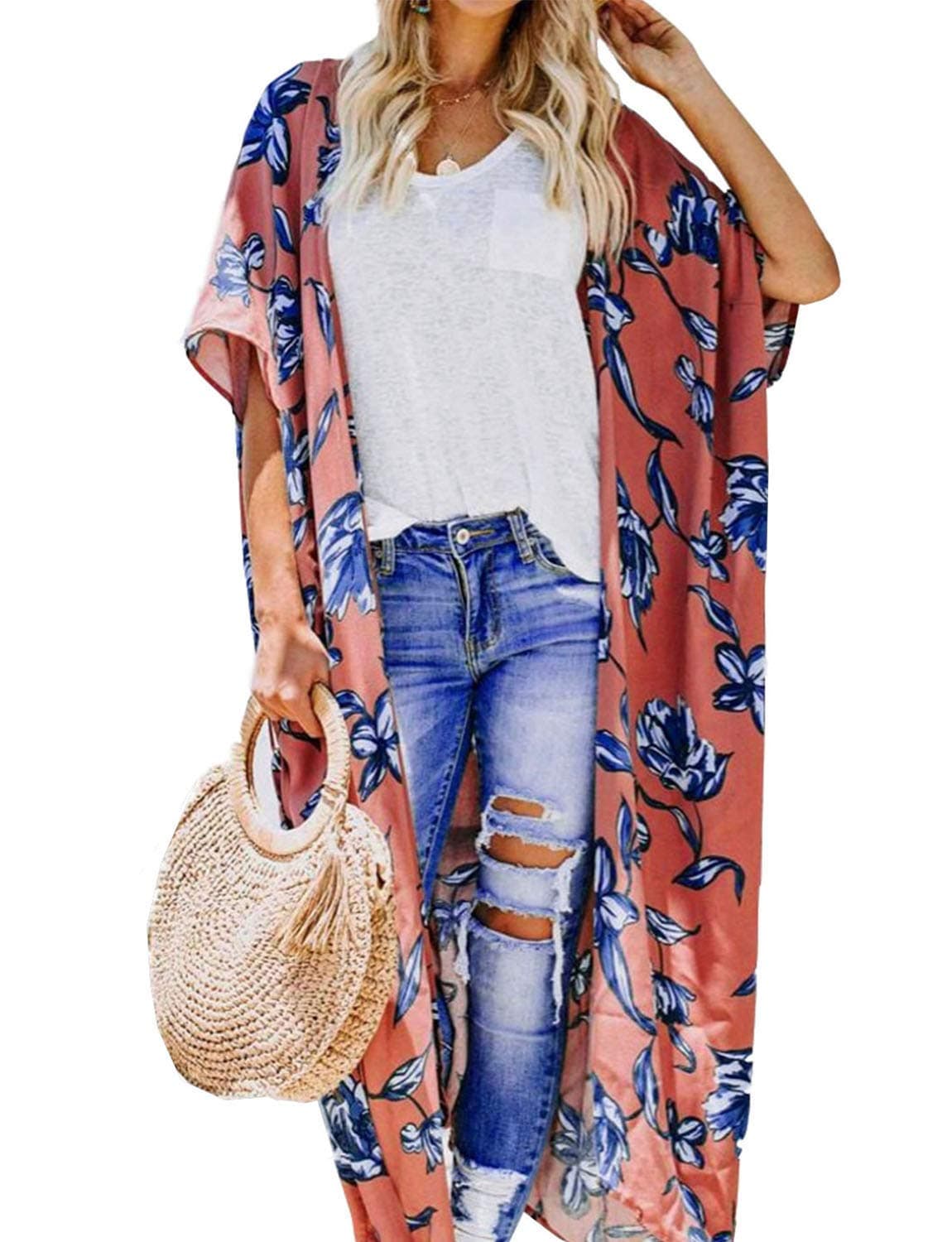 MayBuy Women's Summer Long Flowy Kimono Cardigans Boho Chiffon Beach Cover Up Tops