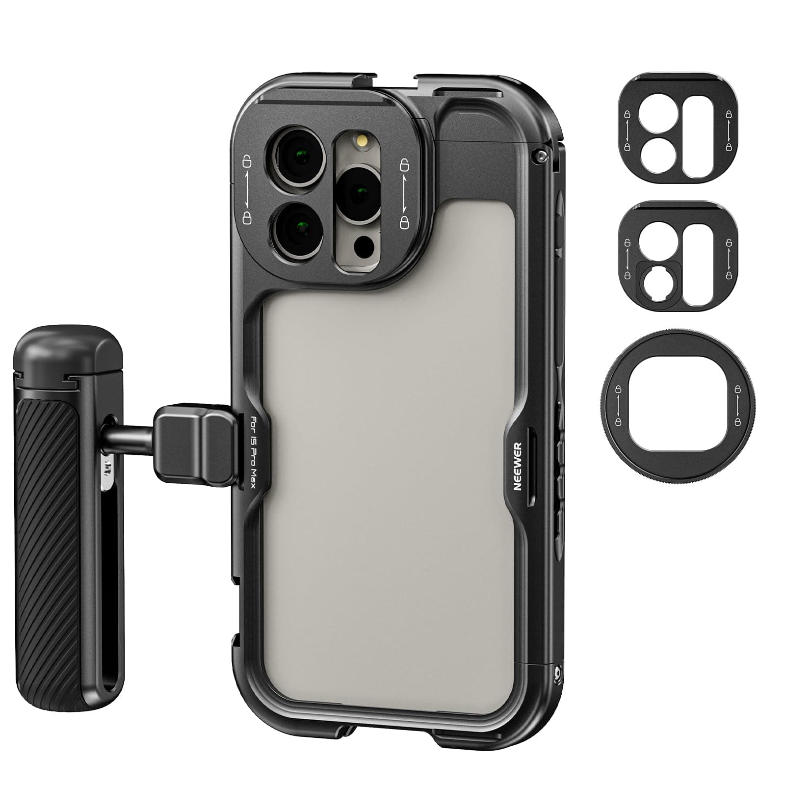 NEEWER 15 Pro Max Cage [2nd Gen], Video Rig Phone Stabilizer with Quick Release Side Handle, 67mm Filter Adapter, 17mm Lens Backplate, T Mount Lens Adapter Compatible with Moment, PA044+PA045B