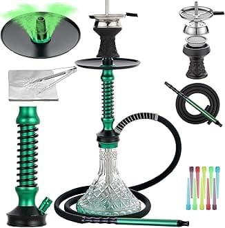 Hookah Set with Everything,20"Shisha Hookah Set with Glass Vase,Portable Glass Hookah Set with Hookah tips,Hookah hose,Hookah Ceramic Bowl.(Green)