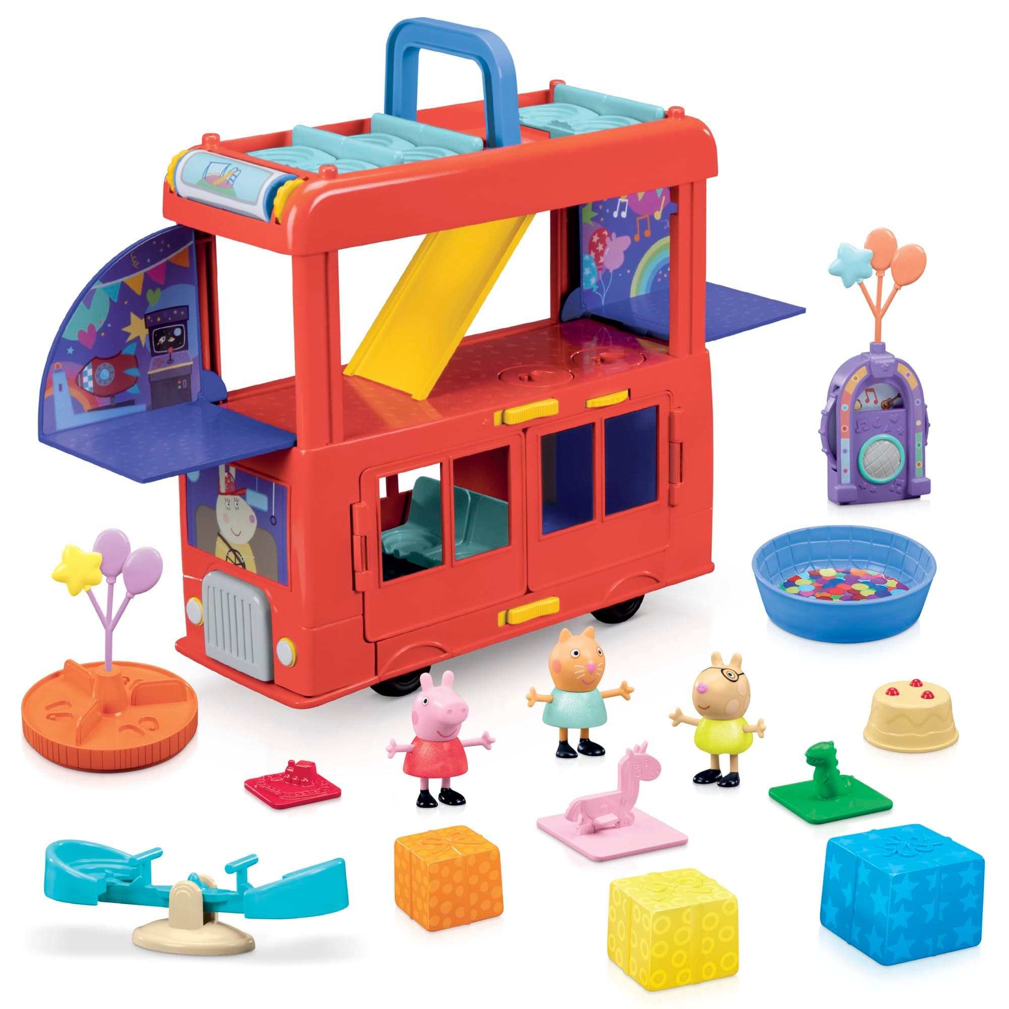 Peppa Pig Peppa’s 2-in-1 Party Bus Playset with Toy Figures and Accessories, Interactive Toddler Toys for Girls and Boys, Red