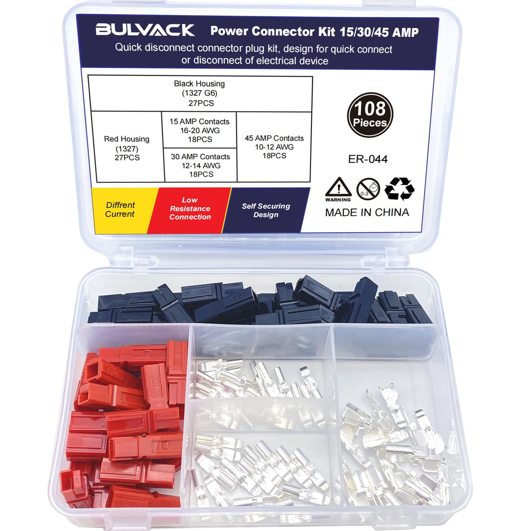 108 PCS 15/30/45 Amp Power Connectors Assortment Kit, Quick Disconnect Battery Connector Modular Terminals Connectors, AWG10-20