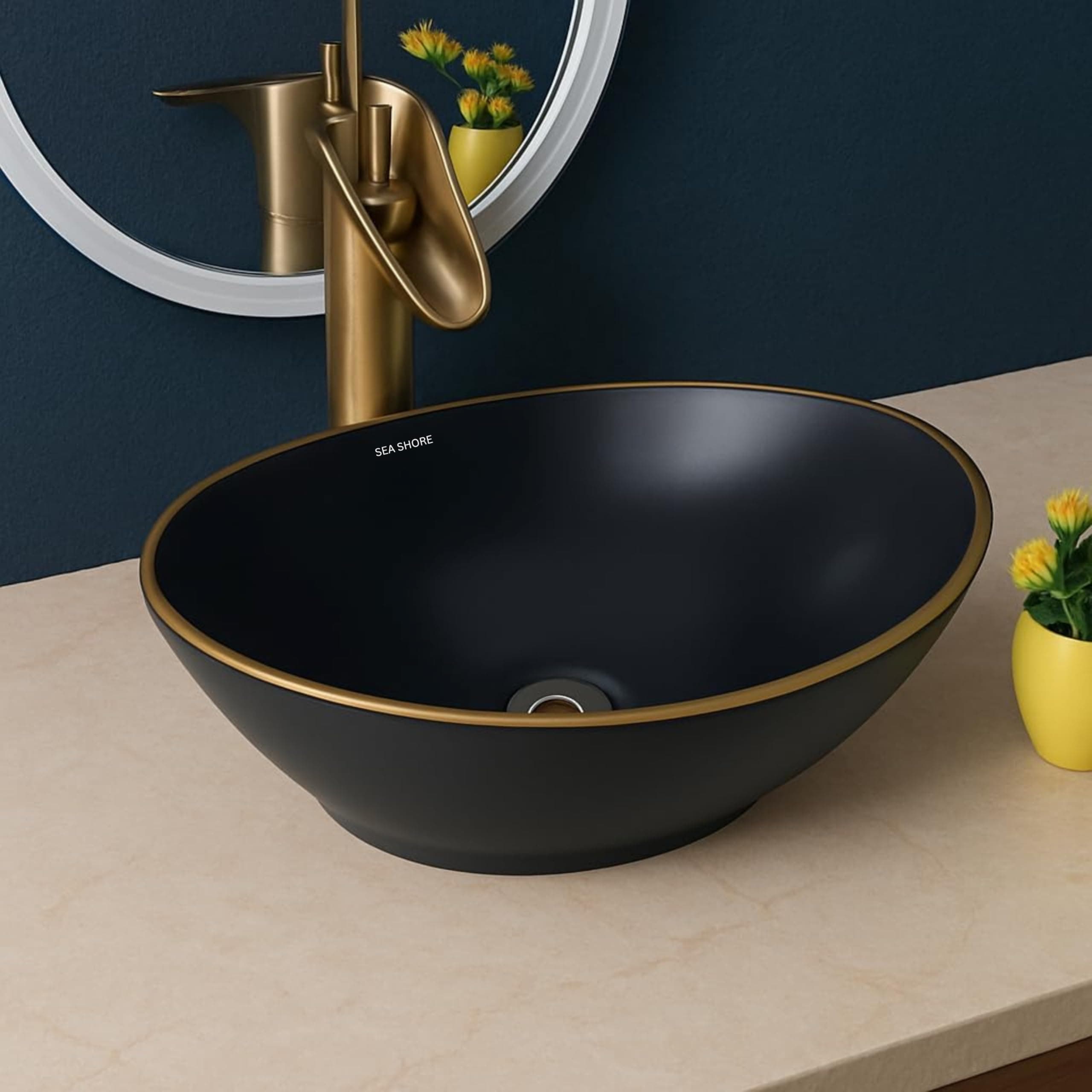 SEA SHORE Premium Ceramic Table Top Wash Basin – Over Counter Vessel Sink with Slim Rim for Bathroom, Black & Gold Border (16 x 12 x 5.5 Inch)