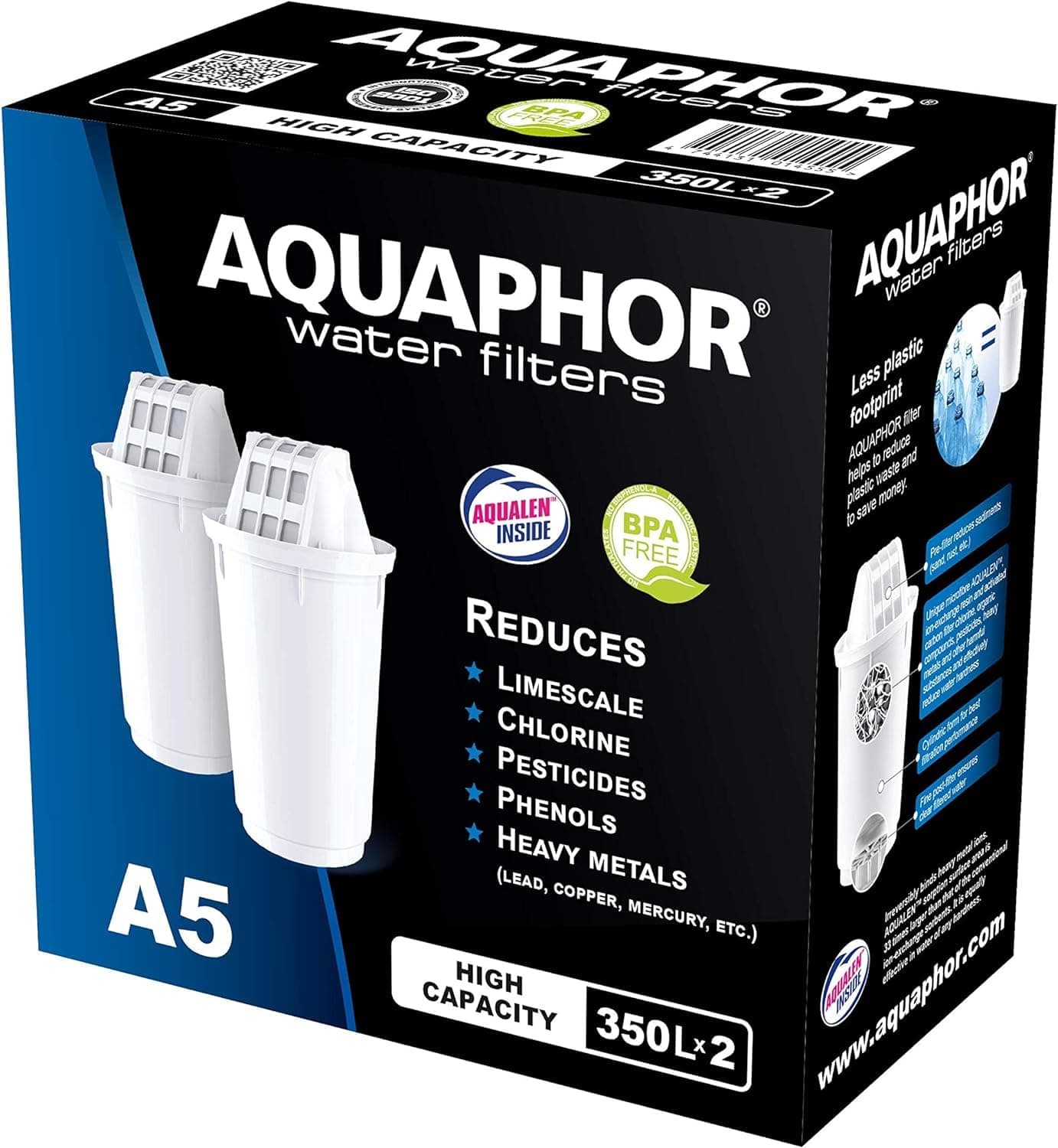 AQUAPHOR Filter Cartridge A5 2 Pack | Filters Limescale, Chlorine, Heavy Metals | 350L Clear Water | AQUALEN Technology for Better Tasting Food & Drink | Replacement Cartridge for A5 Filter Jugs