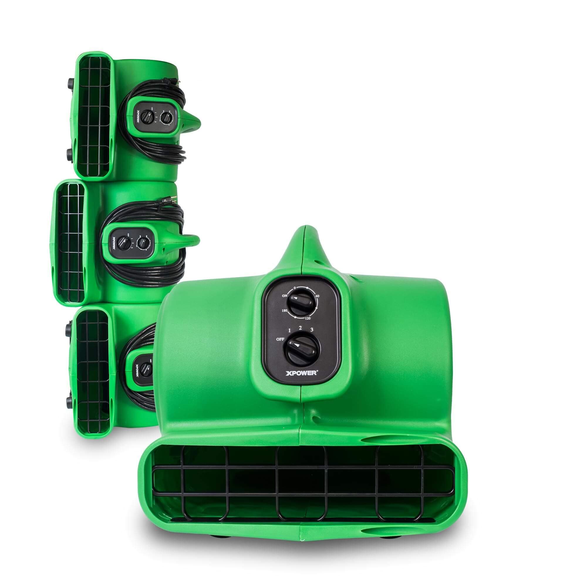 P-430AT Medium Sized Air Mover, Carpet Dryer, Floor Blower, and Utility Fan- Features a Timer & Built-in Power Outlets – Green (4 Fans)