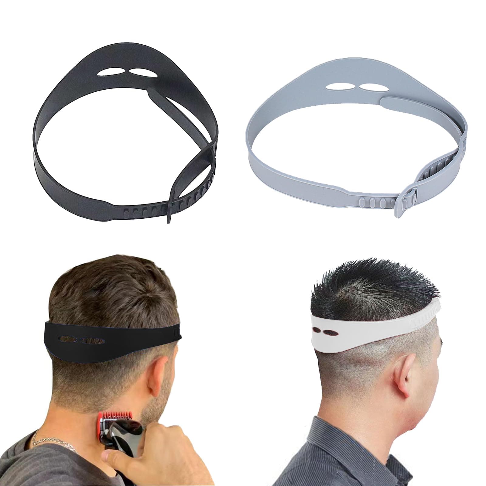 Neckline Shaving Template, 2PCS Hair Cutting Guide Tool for Men Adjustable Curved Silicone Band DIY Self Haircut System for Hair Clipper Timmer Shaver (Black + Gray)