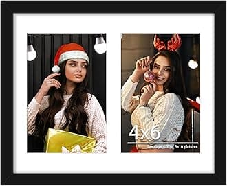 8x10 Double Picture Frame White Mat For Displaying Two 4x6 Pictures, Photo Frame for Wall Mounting or Tabletop, Black.