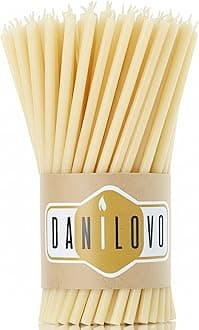 Danilovo Thin Taper Beeswax Candles - Honey-Scented, Decorative Candles Ideal for Birthday Decoration or Church Prayers - White Drip Free, Tall & Smokeless Pack of 50 pcs, 16 x 0,55 cm