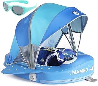 Mambobaby Float Add Tail No Flip Over Non-Inflatable Baby Swim Float Pearl Foam Solid Water Floats Smart Swim Trainer Infant Pool Float Swim Ring with Sun Canopy