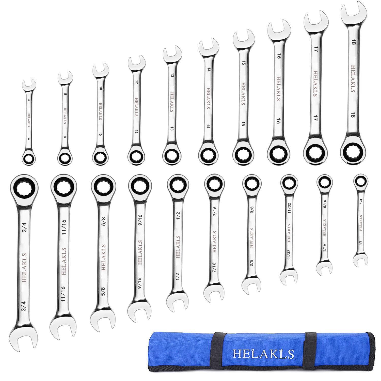 20-Piece 6-18MM 1/4-3/4 Inch Metric/SAE Ratcheting Wrench Set Box Open End Combination Gear Wrench Spanner Tools for Mechanic 72-Tooth