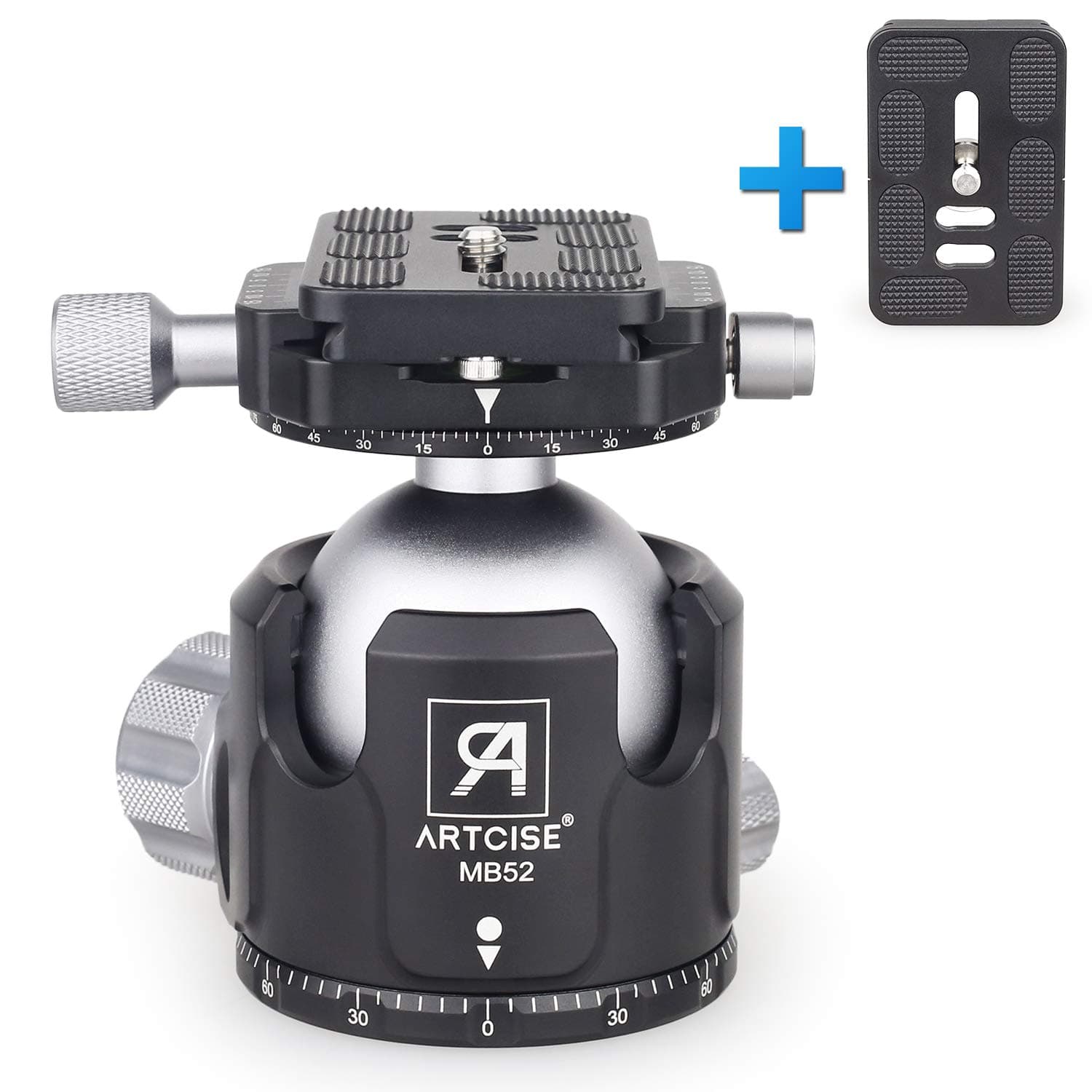 Low Profile Tripod Ball Head, ARTCISE MB52 All Metal CNC Double Panoramic Ball Heads Camera Mount 52MM Ball Diameter with Two 1/4" Quick Release Plates for Tripod, DSLR, Camcorder, Max Load 66lbs/30kg