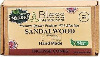Bless International Sandalwood 100%-Natural-Incense-Cones Handmade-Hand-Dipped Organic-Chemicals-Free for-Purification-Relaxation-Positivity-Yoga-Meditation The-Best-scents (10 Count)