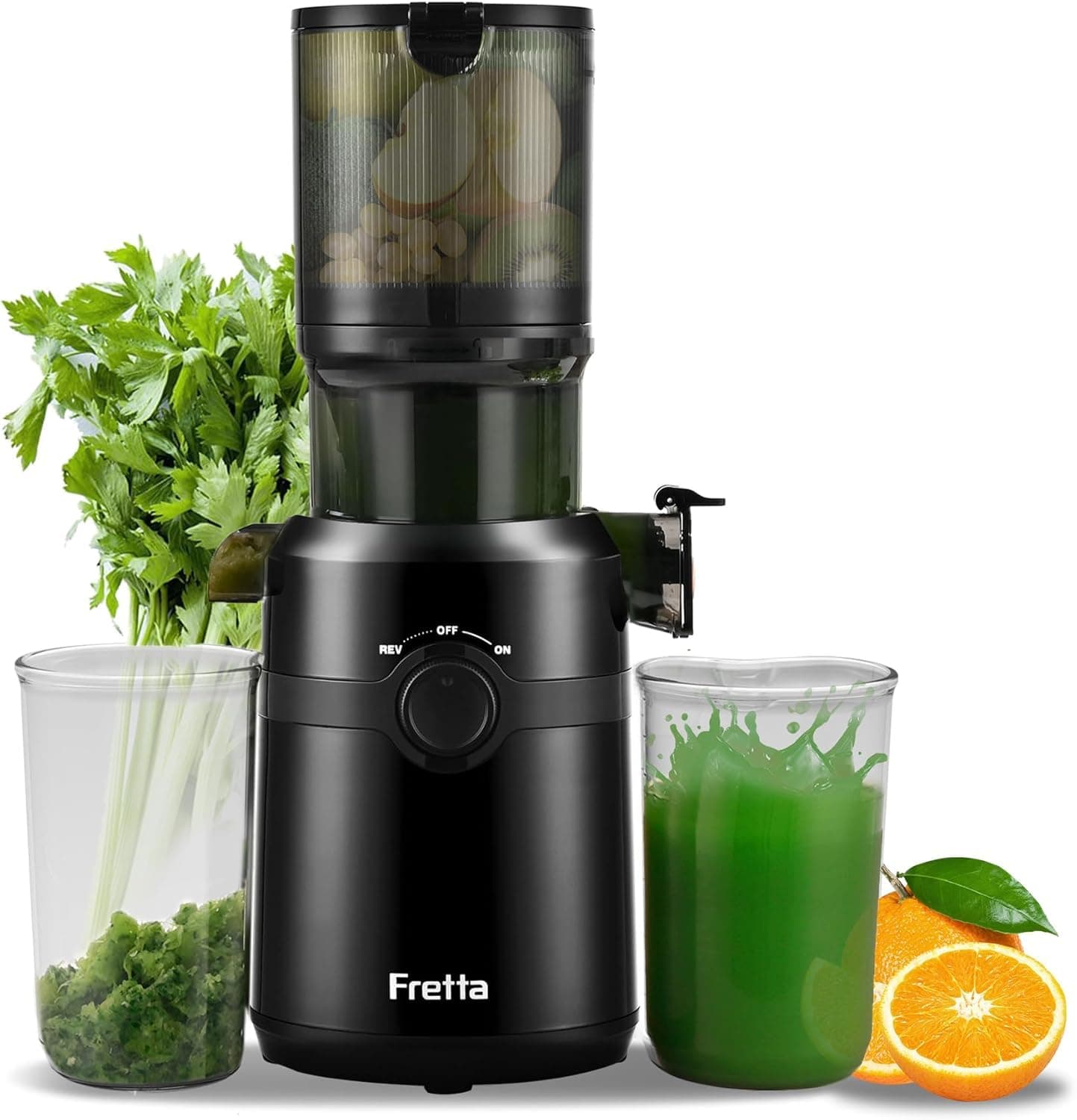 Cold Press Juicer Machines,Fretta Slow Masticating Juicer Machines with 4.25" Large Feed Chute,Fit Whole Fruits & Vegetables Easy Clean Self Feeding,High Juice Yield,Tritan BPA-Free,Onyx Black