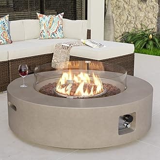 Outdoor Propane Fire Pit Coffee Table w Gray 42 inch Round Base Patio Heater, Certified, 50,000 BTU Stainless Steel Burner, Wind Guard, Tank Outside, Free Lava Rocks, Waterproof Cover