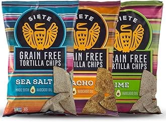Siete Grain Free Tortilla Chips, 3 Bag (5 Ounce Each) Sampler of Nacho, Lime, Sea Salt