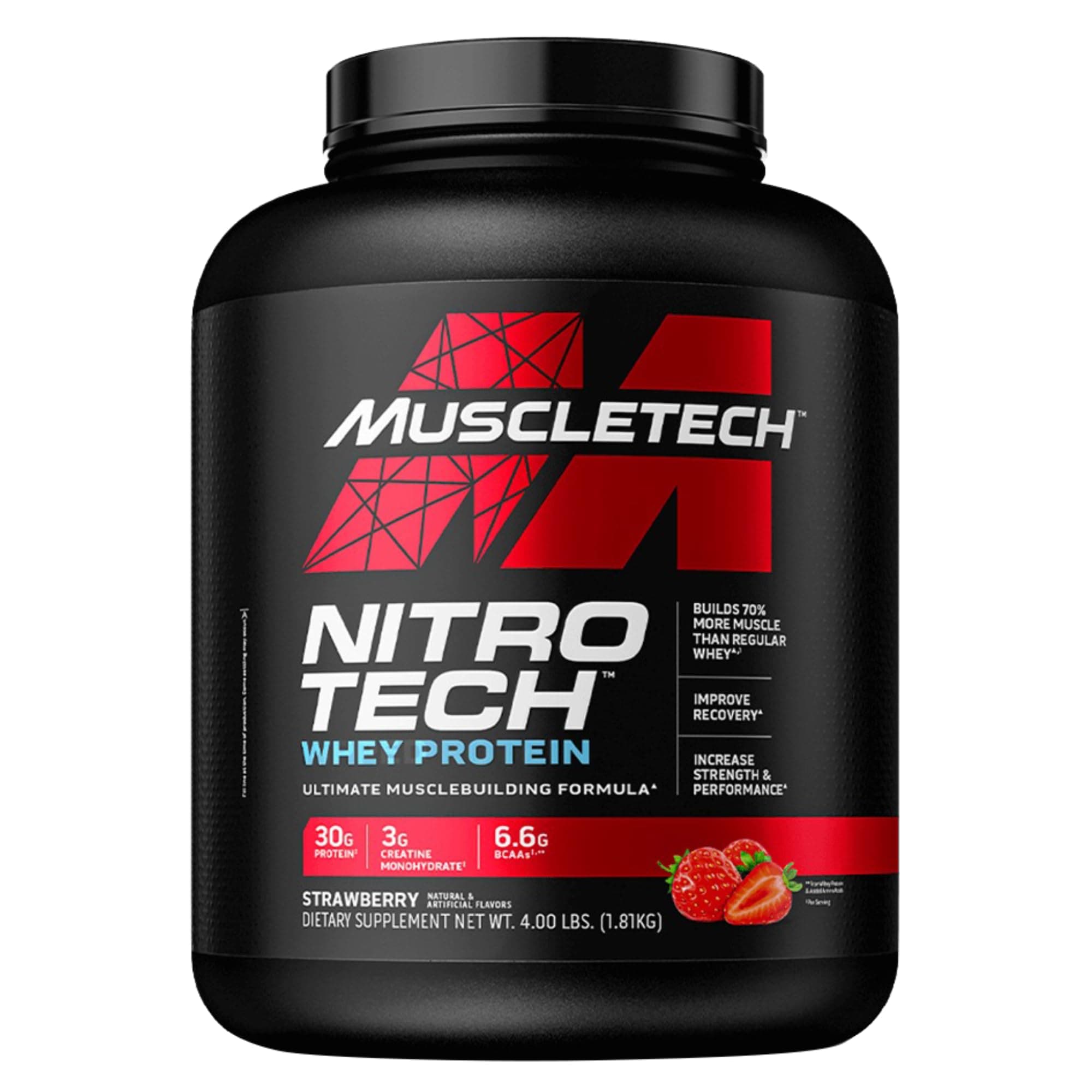 NitroTech Whey Protein Ultimate Muscle Building Formula with a Unique Blend of Whey Protein Isolate & Peptides - 30gms Protein, 3 gms Creatine & 6.6 BCAAs, Strawberry Flavor, 4.00 lbs
