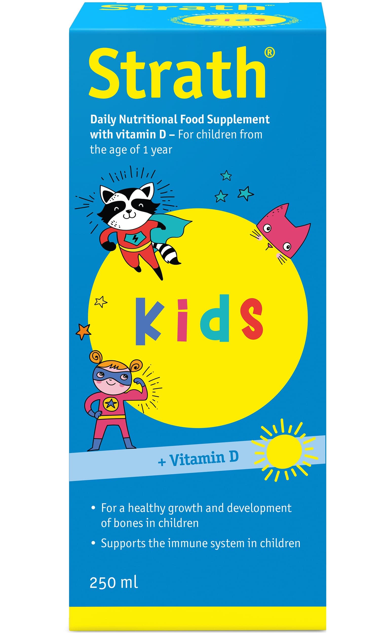 Strath Kids with 61 Nutrients & Vitamin D - Natural Liquid Food Supplement Drops with Fermented Herbal Yeast, Liquid Vitamins, Minerals & Vitamin D for Children (250 ml)